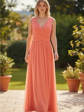David’s Bridal Coral Chiffon Bridesmaid Formal Dress Ruched V Neck Size 10